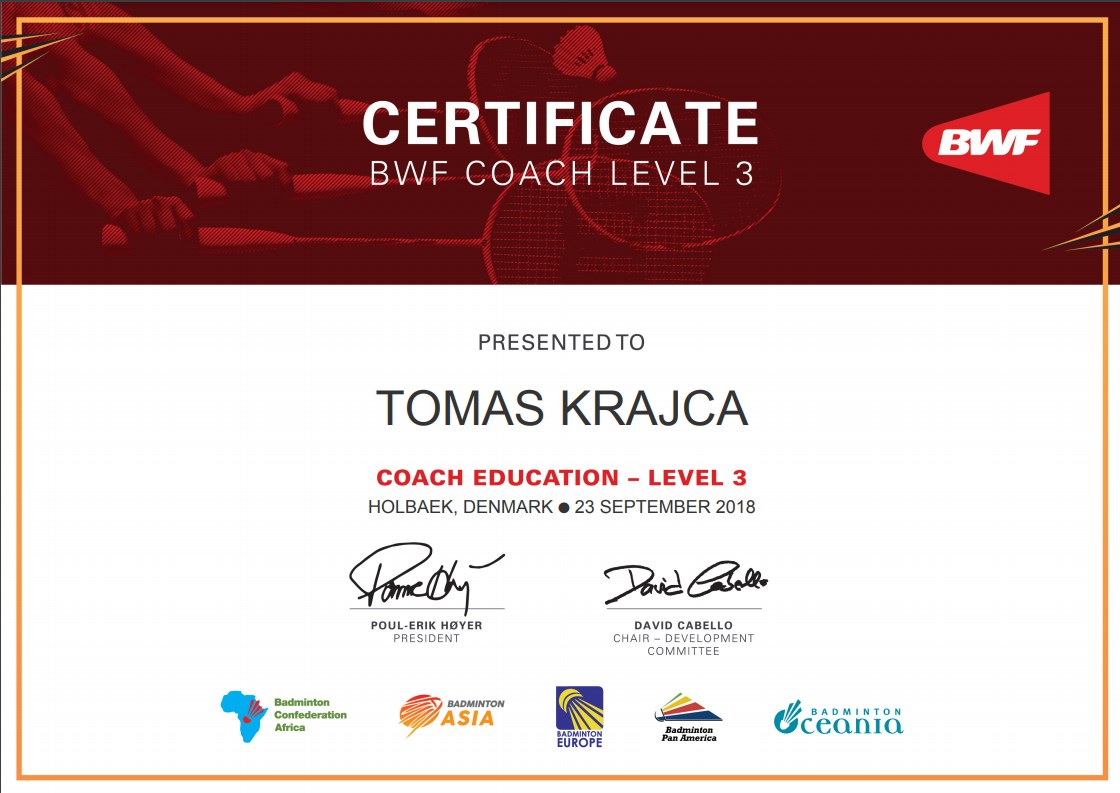 Tomáš Krajča získal licenci BWF Coach Level Three